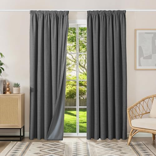 100% Verdunklungsvorhänge mit Kräuselband Leinenoptik Vorhänge Blickdicht | 245Hx200Bcm,Grau,2er Set,Thermovorhänge Kälteschutz Gardinen für Schienen,Wohnzimmer,Schlafzimmer