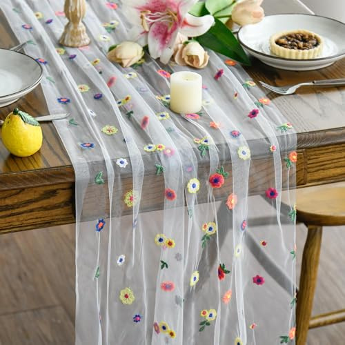 Artoid Mode Tüll Stickerei Blumen Gaze Frühling Tischläufer 70x300 cm, Sommer Küche Tisch Dekoration Drinnen Urlaub Party Dekor