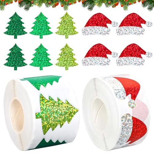 1000 Stück Aufkleber Weihnachten, Weihnachtssticker, Weihnachtsaufkleber Selbstklebend, Sticker Weihnachten, Geschenkaufkleber Etiketten für Weihnachtendeko (Weihnachtsbaum + Weihnachtsmütze)