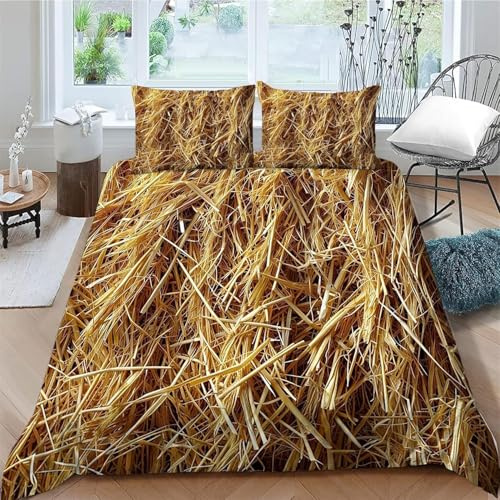 Stroh Bettwäsche 135x200 Gelbes Stroh Bettwäsche Set, 3D Bettbezug Set Weich Microfaser Bettbezüge 2 Teilig Landhaus Wendebettwäsche für Einzelbett, mit 1 Kissenbezug b109