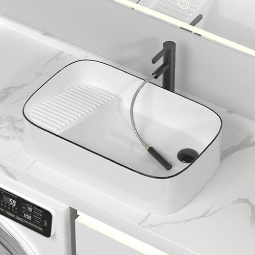 Fregadero rectangular de baño blanco con grifo combinado, fregadero de porcelana sobre encimera, lavabo pequeño de cerámica para lavadora (60 x 38 x 16 cm)