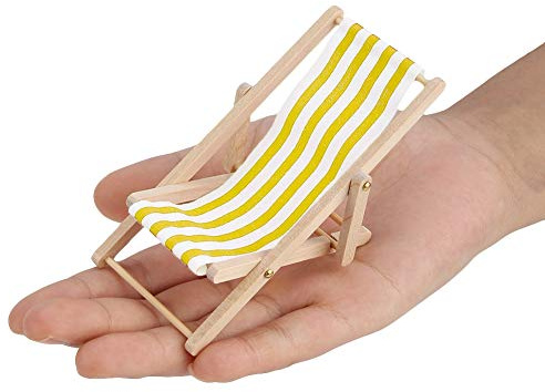 Tonysa Puppenhaus-Minimöbel, Faltbarer Strandstuhl für Puppen Im Maßstab 1:12 – Exquisites Spielzeugmodell aus Holz und Stoff Zum Spielen Im Puppenhaus (Gelber Streifen)