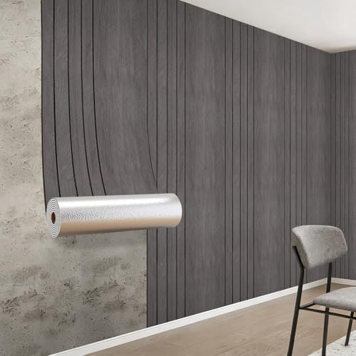 Snewvie Peel and Stick Wall Panels Self Adhesive Wallpaper 3mm Thicken Feature Natural Wood Wall Slat Panelling Stick on Wall Panels Bedroom Hallway Living Room,Dark Grey#1 40cm*3m (5 roll=65 sq.ft)