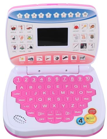 MOLUCKFU Computer Portatile Giocattolo Educativo da 1 a 5 Anni Schermo Led, Giocattolo Musicale Portatile dei Cartoni Animati per Apprendimento Precoce e Intrattenimento Rosa