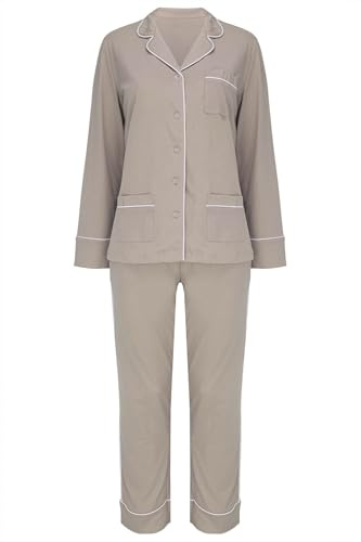 SNOOZE OFF Damen Pyjama 2-teilig aus 100% Baumwolle – Langarm Hemd & Lange Hose in Mint mit Kontrastpaspel