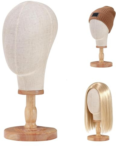 Standfester Perückenkopf 21/54cm, Mannequin Kopf aus Canvas mit Holzsockel | Stabiler Perückenständer für Perücken, Hüte, Mützen, Kopfbedeckungen, Wig Stand für Präsentation, Salon, Zuhause