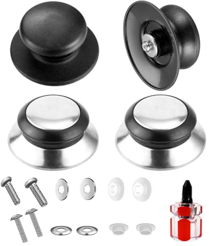 YIPFEN 4 Pezzi Pomelli per Coperchi Pentole con Viti, Pomello Universale di Ricambio in Nero e Argento, Resistente al Calore per Coperchi in Vetro, Padelle e Pentole