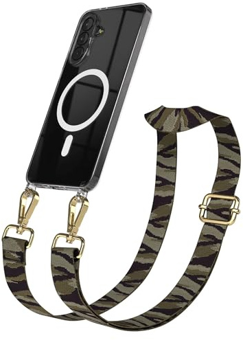 EAZY CASE Handykette - Verstellbares Taschenband kompatibel mit Galaxy A37, Schulterriemen, Handykordel mit Silikon Hülle, Qi Charging kompatibel, Umhängetasche, Grün Camouflage Gold