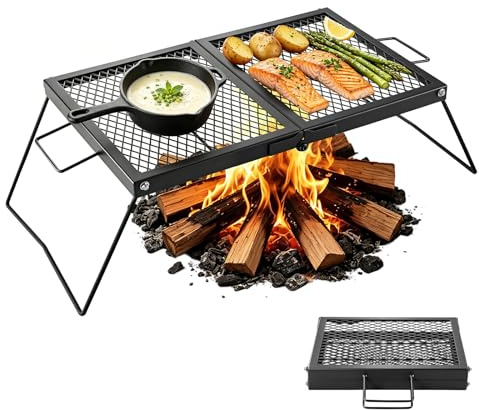 VEVOR Grille Pliante 61 cm Gril de Feu de Camp Portable en Acier Résistant, Matériel de Barbecue pour Feu de Bois BBQ Camping en Plein Air, Structure Pliable, Compacte, Avec Pieds et Poignée
