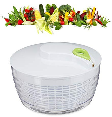 Relaxdays 10024697 Salatschleuder zum Ziehen, Profi Salad Spinner, großer Salattrockner, XXL Salatkarusssel 7 Liter, weiß-grün