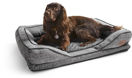 Silentnight Orthopaedic Dog Bed - Cosy Comfortable Pet Bed with Ergonomic Foam Body & Head Support - Super Soft Faux Fur & Sturdy Woven Removable Washable Cover, Non-Slip Base, Medium 59x80cm, Grey