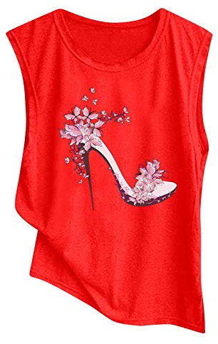 Yowablo Tops Oberteil Weste Tanktop Frauen High Heels Bedruckte Rundhalsbluse (M,2rot)