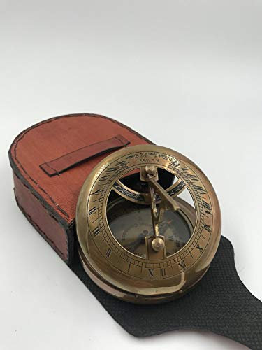 Sonnenuhr-Kompass aus Messing, 7,6 cm, Antik-Look, mit schöner Lederhülle, zum Öffnen drücken, Braun / Rot