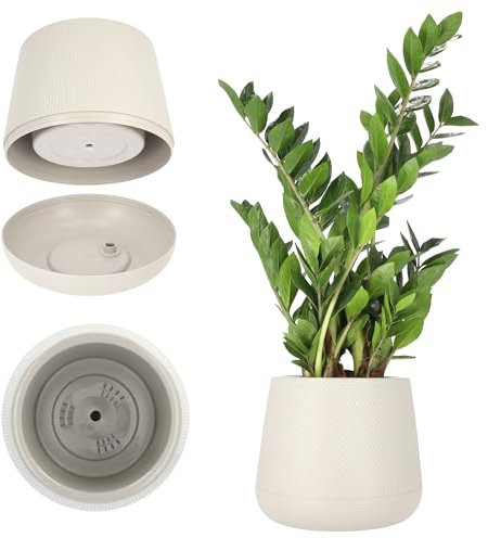 KADAX Maceta de plástico, 13-23 cm, 4 colores, ovalada con platillo en el juego, maceta, macetero, macetero, maceta para plantas, macetero, maceta para plantas, maceta (13 cm, beige)