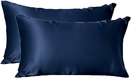 THXSILK 2 Stück Kissenbezüge Seide 40x80cm, Luxus und Weich 25 Momme Maulbeerseide Kissen Überzug 2er Set mit Reißverschluss für Haare, Marineblau
