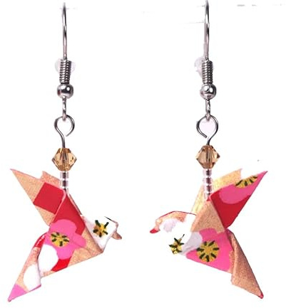 Boucles d'oreilles colombes Origami (Fleurs Roses et Blanches sur Fond Rouge)