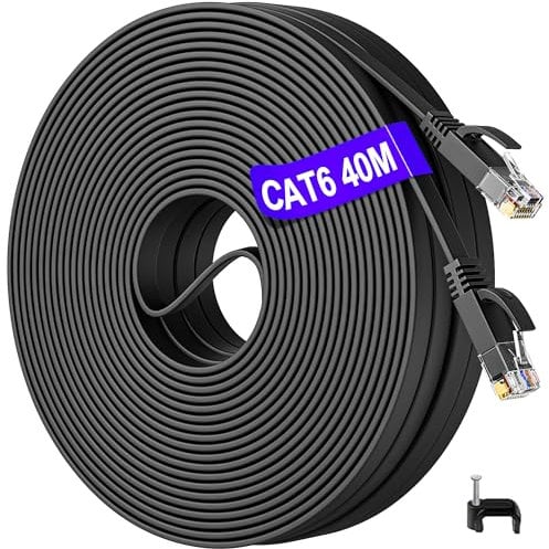 Cable Ethernet 40 metros, Rj45 Cable de Red Cat 6 Exterior Alta Velocidad 1000Mbit/s Cable Internet Plano 40m Largo Exterior Interior, Lan Gigabit Cable de Conexión Negro para Switch Router Modem