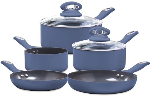 Cermalon Matt Blue 5-Piece Cookware Set - Includes 2X Frying Pans and 3X Saucepans with Grey Sparkle Ceramic Non-Stick Coating - Compatible for All Types of Hobs - PTFE and PFOA Free