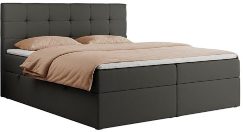 MKS MEBLE Boxspringbett 160x200 mit Bettkasten und Matratze H3, Polsterbett 160x200 mit Bettkasten, Bett 160x200 mit Stauraum und Topper - Centos - Dunkelgrau Kunstleder
