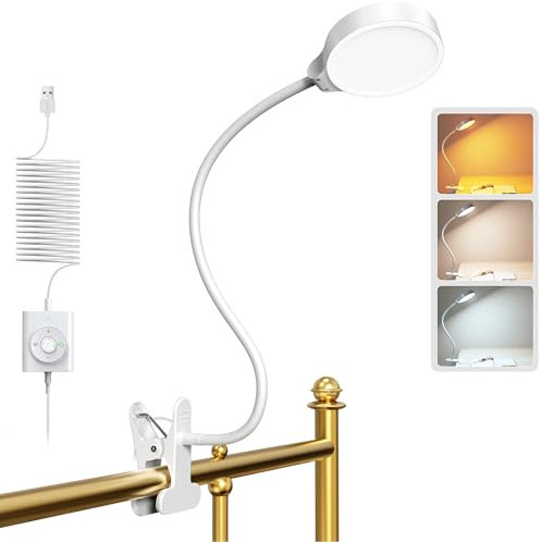 Glocusent 5 W Leselampe, 36 LED Leselampe Bett, augenschonende Klemmleuchte, 3 Farb- und 5 Helligkeitsstufen, ansteckbare mit Schwanenhals, perfekte Klemmlampe Bett Kinder, Schreibtischlampe (Weiß)
