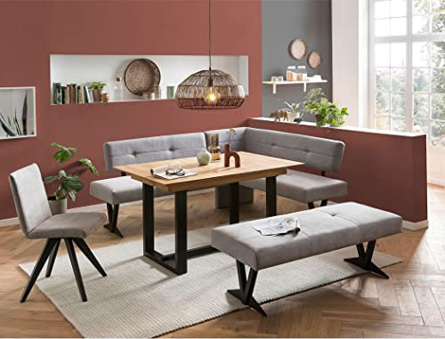 expendio Tischgruppe Esstisch Gunar 1XL 130(180) x90 cm Eiche rustikal massiv + 2X Bank EDA 3 + 1x Stuhl Caja Bezug Kombi Natural Gray, kurzer Schenkel bei Eckbank:rechts
