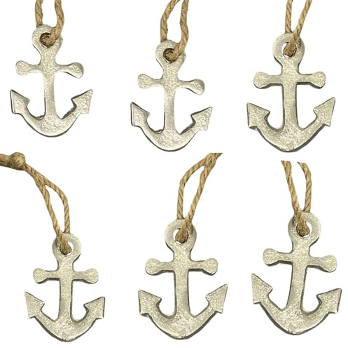 6X Anker Deko Anhänger aus Metall ca. 5,5 x 4cm, Silber Antik Look | mit Jute Band zum Aufhängen, für vielseitige Dekorationen & maritime Ambiente, Geschenkanhänger, Deko-Anker im Shabby Chic