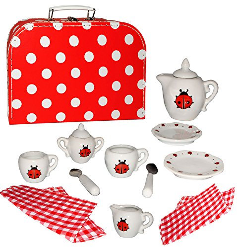alles-meine.de GmbH Picknick Koffer 14 TLG. Set - Puppenkoffer & Puppengeschirr - Marienkäfer - Porzellan/Keramik - incl. Decke, Besteck & Geschirr Spiel Küche Zubehör Ko..