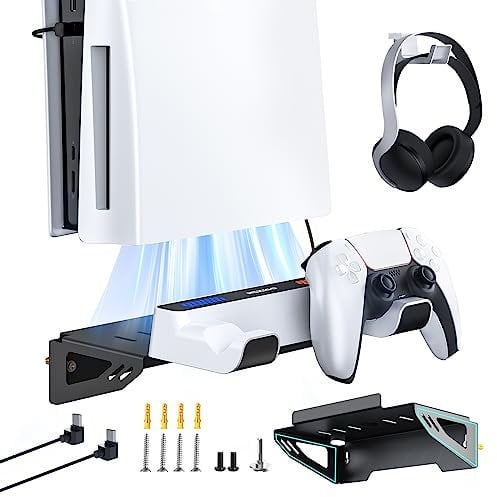 NexiGo Wall Mount Set for Playstation 5 (Disc & Digital), Dual Controller, Sturdy Steel Wall Stand Holder Mount with Headphone Hanger, Set Your PS5 Console Near or Behind TV
