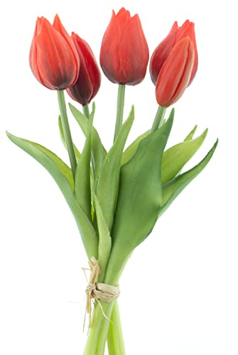mucplants künstliche Tulpen ca. 26cm Tulpenbündel mit 3 Tulpen und 2 Tulpenknospen real Touch (Rot)
