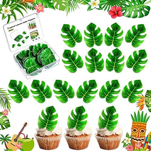 48 Stück Tropische Schildkrötenblätter Cupcake Topper, Palmblatt Kuchen Dekoration für Hawaii Aloha Dschungel-Thema, Geburtstagstorte Dekoration für Hochzeit Geburtstag Babyparty
