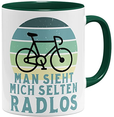 OM3® Fahrrad Tasse mit Spruch - man Sieht Mich selten Radlos - Keramik Becher - 11oz 325ml - Beidseitig Bedruckt - Grün