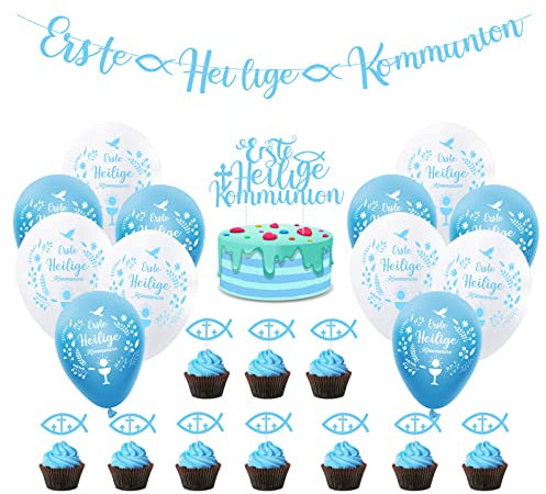 Kommunion Deko Junge, Erste Heilige Kommunion Girlande Glitzer Blau Erstkommunion Deko Banner und Kommunion luftballons, Tortendeko kommunion Tortenaufleger für Konfirmation Taufe Junge Deko