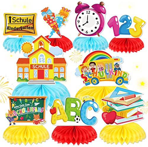 DPKOW Schulanfang Party Honigwabe Mittelstücke Farbe Thema Tabelle Topper Farbe Papier Mittelstücke 123 ABC Schulbus für Tisch Dekoration Schuleinführung Schulanfang Einschulung Deko Mädchen Jungen