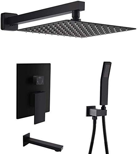 JUNNIU Système de Douche, Ensemble de Douche de Luxe mitigeur Pluie de Salle de Bain avec Bec de Baignoire 12 Pouces et Ensemble Complet à Main, Ensemble de Douche de Luxe système Noir Mat Decoration