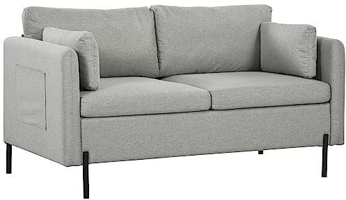 HOMCOM 2-Sitzer-Sofa für Wohnzimmer in Leinen-Effekt-Stoff und Stahl mit Seitentaschen, 143x73x77cm, Grau