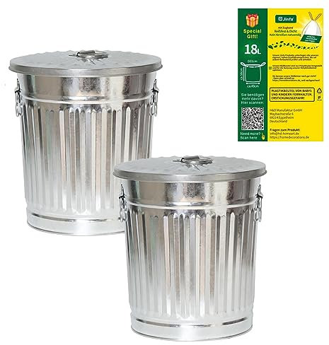 Jinfa 2 Seaux en métal galvanisé avec poignées et couvercle au design rétro + 5 sacs poubelle | Zinc | Ø 30 cm | Capacité 18L