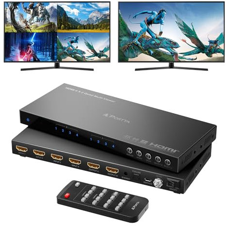 4K HDMI Multiviewer Switch 4x2 con Pip, PORTTA Quad Multi Viewer Seamless Conmutador 4 in 2 out con Toslink, 3.5mm Audio Output Compatible con 4K 30Hz, 6 Viewing Modes, Downscaler para PS4/PC/DVD