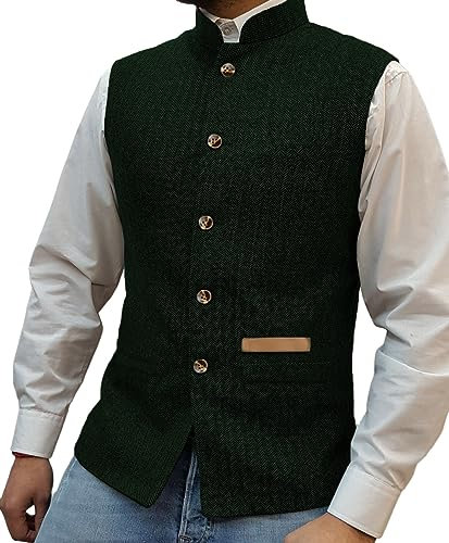 Yiaisafa Jagd Herren Stand-Up Kragen Mock Tweed Westen Retro Herringbone Weste Vintage Hochzeit Gilet Wollen Bräutigam(Dunkelgrün,XL)