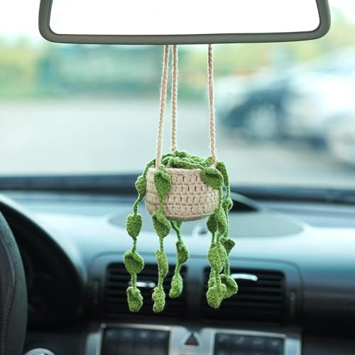Crochet Hanging Plant for Car, Cute Car Plant Accessories, Knitted Plant Car Mirror Hanger, Boho Car Plant Crochet Hanging Basket Car Accessories