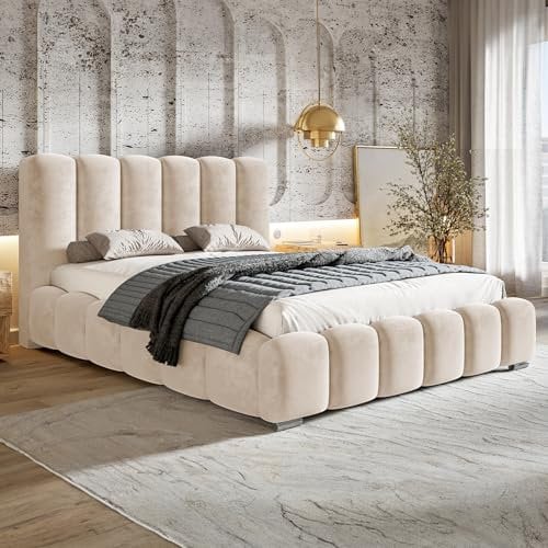 MOTIVENA Grand Cadre de Lit Bubble 180x200, avec Sommier sans Matelas, avec Rangement, Capitonné, Rembourré, avec Pieds, Velours, avec Tête de Lit Coffre 180x200 Beige Crème