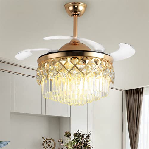 Ventilador de techo de cristal de 42 pulgadas con luces, moderno ventilador de araña de cuchillas invisibles retráctiles, control remoto, 3 velocidades, iluminación de 3 colores, lámpara de lujo sile