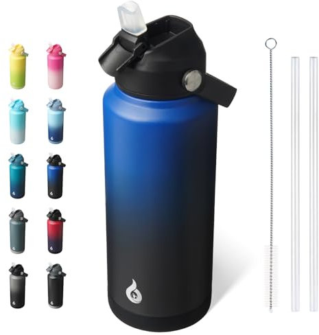 BJPKPK Water Bottle with Straw Lid, 32oz Vacuum Insulated Water Bottles, Metal Stainless Steel Thermos for Sports, Travel, BPA Free Leak Proof Thermos, Cups, Flasks, Tumblers,Black Blue