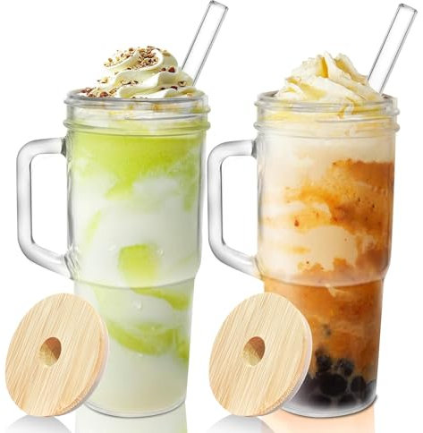 Glass Cups with Lids and Straws 2 Packs - 24oz Glass Tumbler with Handle, Mason Jar with Lid and Straw -Wide Mouth Reusable Drinking Glasses for Iced Coffee Smoothie Matcha Cocktail Whiskey Milk