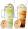 Glass Cups with Lids and Straws 2 Packs - 24oz Glass Tumbler with Handle, Mason Jar with Lid and Straw -Wide Mouth Reusable Drinking Glasses for Iced Coffee Smoothie Matcha Cocktail Whiskey Milk