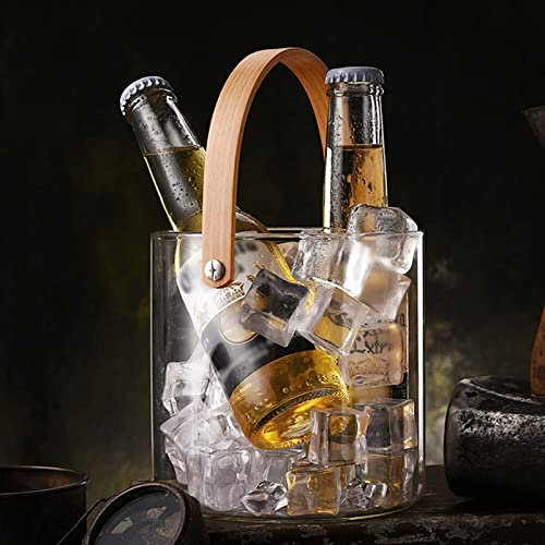 Seau à Glace en Verre 1,5 L/2,7 L avec poignées en Bois, pour glaçons, Bouteilles de bière et de Champagne, seaux à Glace Transparents pour fêtes, Baril de Boissons (Transparent 1,