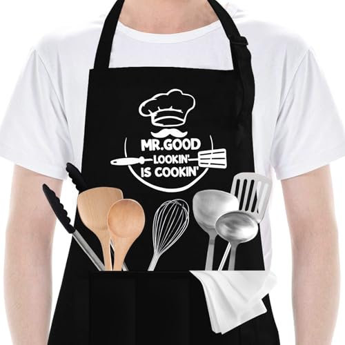 PBUSPU Tablier de Cuisine pour Homme, Grembiule da Cucina da Uomo,con 3 Tasche, Grembiule Cucina Regolabile, Grembiule da Cuoco Impermeabile,Per Cucina,Ristorante,Caffetteria,Nero