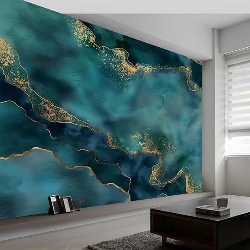 3D Panoramic Custom Wallpaper Mural, Teal Wall Poster Abstract Marble Stripes Photo Wallpaper 3D Effect, 350 x 256 cm (WxH) Wallpaper Mural, Poster Decoration for Bedroom Living Room Corridor