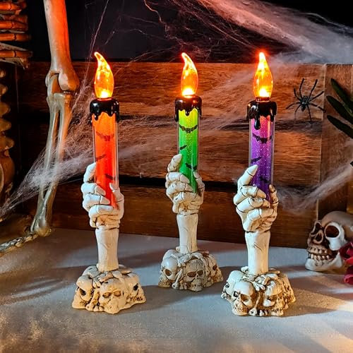 MXJFYY 3 Stück Halloween Kerzen Handfächer Mit Rauchfreien LED-Lichtern - Schädel Kerzenhalter für Einzigartige Dekoration, Kreatives Geschenk für Partys