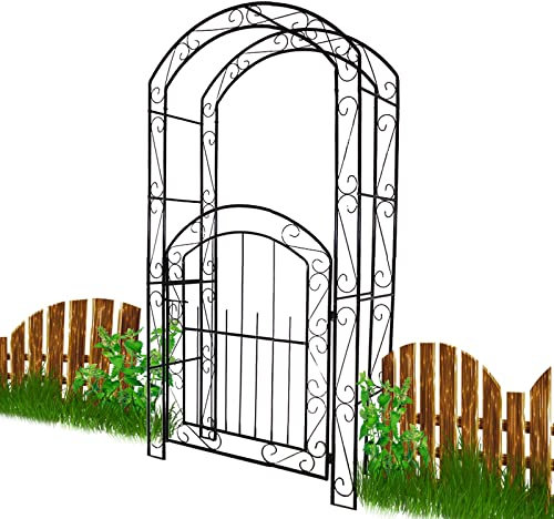YAEGER Heavy Duty Rose Arco con Puerta Jardín Decorativo Arco de Metal Enrejado Arbor Stand para Plantas Trepadoras Resistente a la Intemperie 215x115cm Negro Jardín Cenador