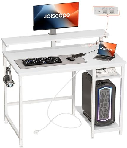 JOISCOPE Scrivania PC con Supporto per Monitor, Scrivania Ufficio con Porta di Ricarica USB & Type-C, Scrivania per La Casa con Ripiani Reversibili e 2 Ganci, scrivania salvaspazio, Bianco, 100cm